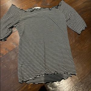 Caution to the wind striped off the shoulder top